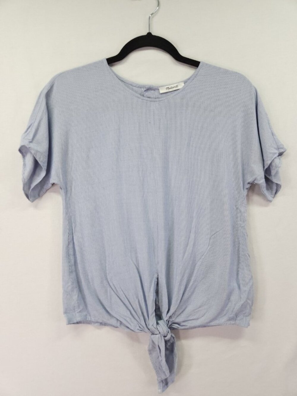 Madewell Small Blue Striped Tie Knot Front Button Down Back Short Sleeve Top
